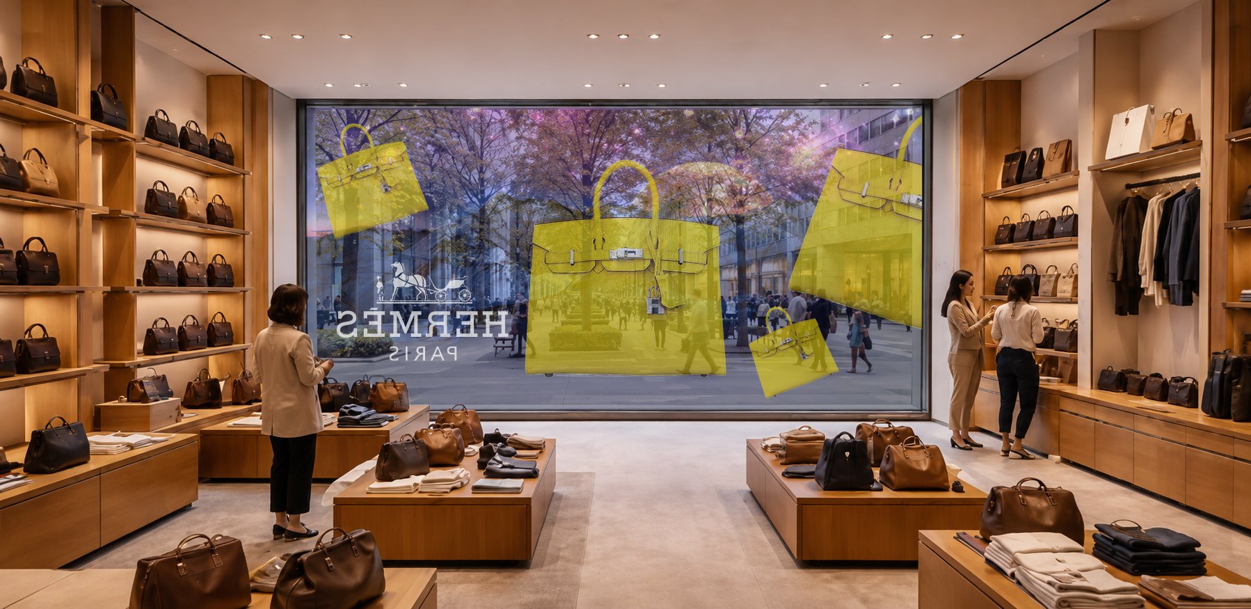 iLLUSiO transparent LED display integrated into a luxury retail storefront window