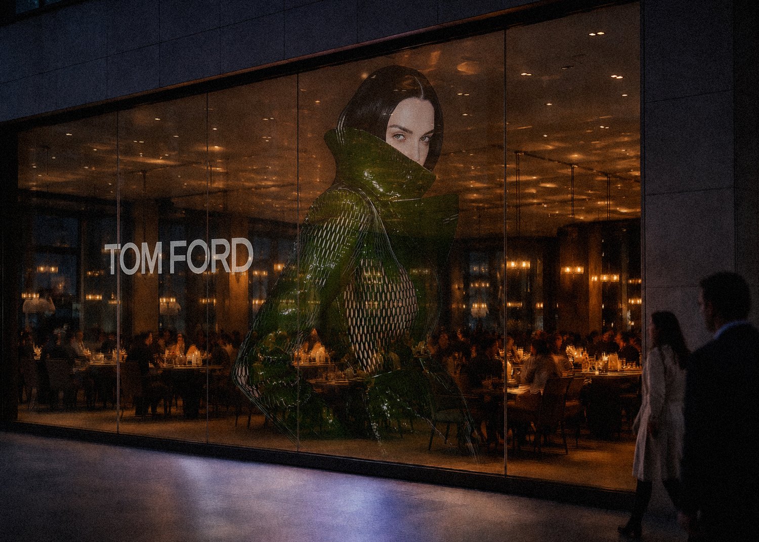 iLLUSiO transparent display glowing in a luxury storefront at night